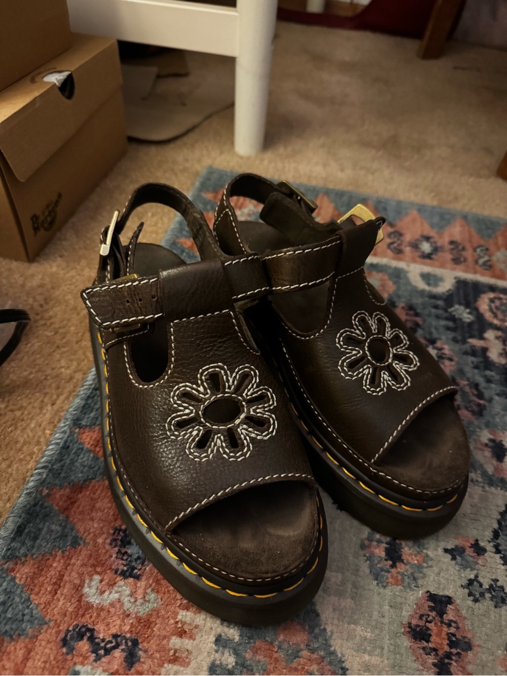 Dr. Martens Women’s Brown Floral-Stitch Leather Sandals